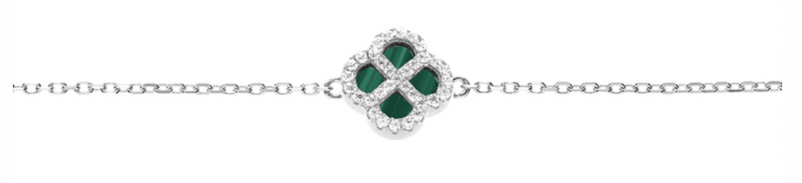 BRACELET ARGENT RHODIÉ MOTIF TREFLE MALACHITE VÉRITABLE CONTOUR OXYDES BLANCS 16+3CM