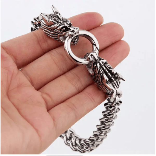 Bracelet en acier à double maille queue de renard, avec fermoir à deux têtes de dragon – Image 3