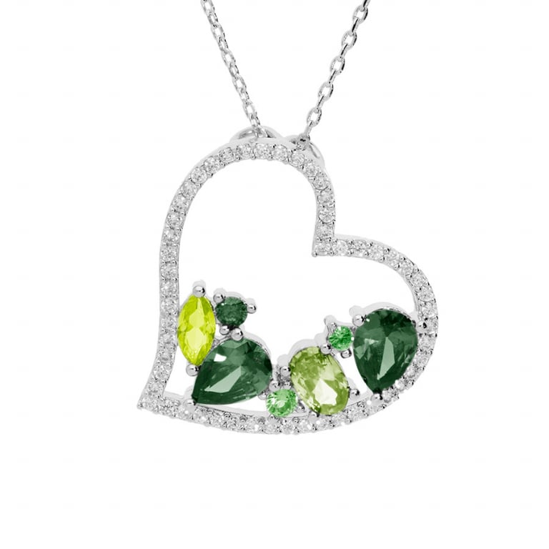 Collier argent coeur oxydes verts et blancs